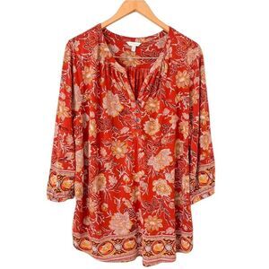 Lucky Brand Red Floral Print Bohemian Peasant Tunic Top Womens Size 2X